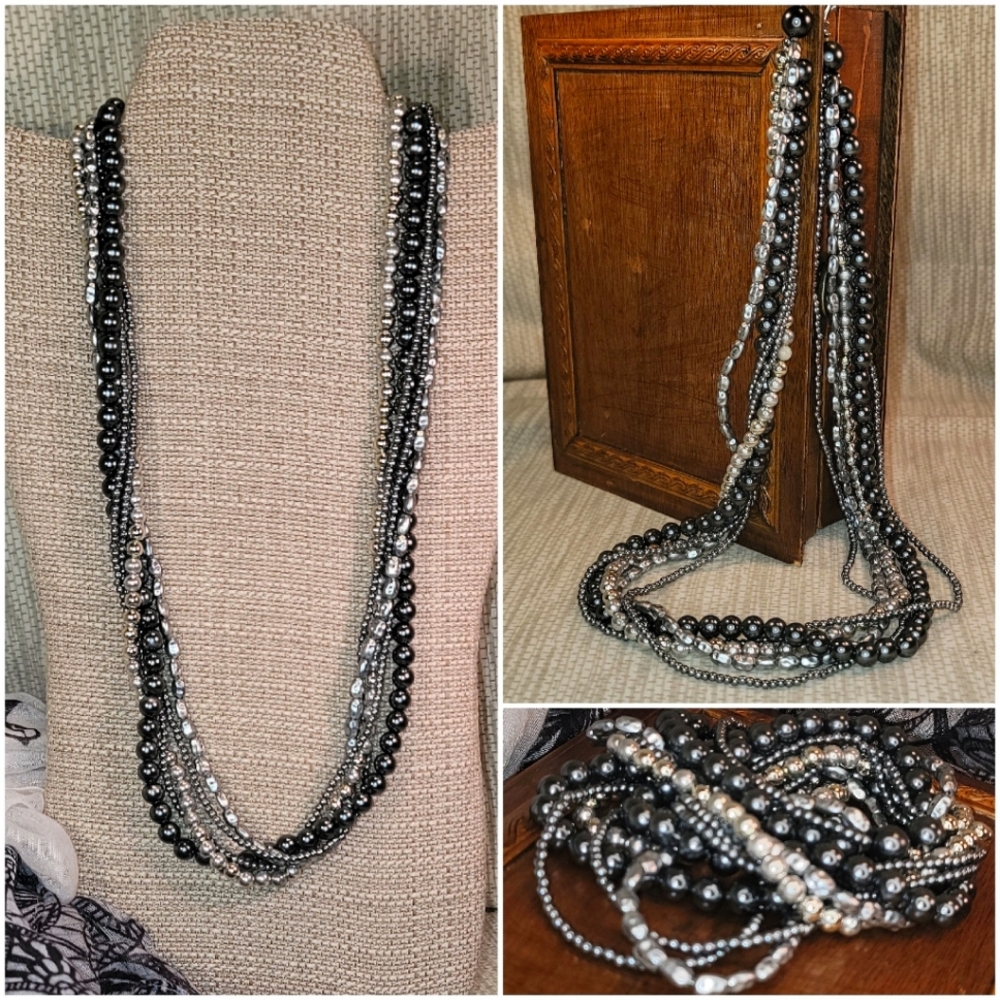 Navy blue, silver and gray beaded necklace